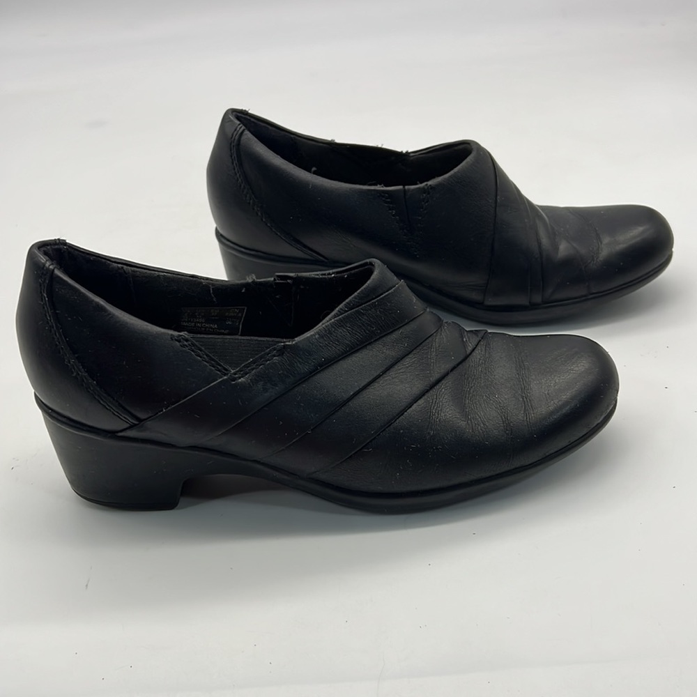 Clarks Black Leather Slip on Shoes with 2 inch Wedge Style Heel size 6.5